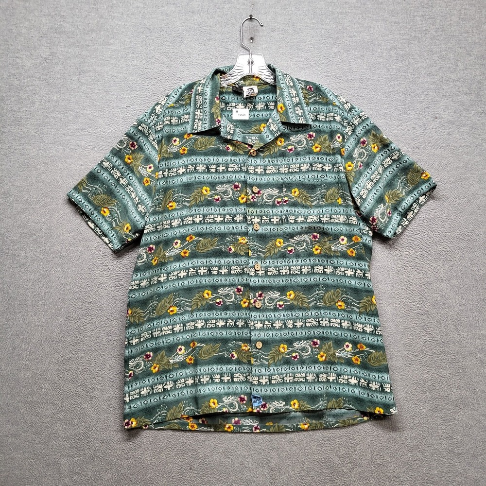 VINTAGE Kennington Men Button Up Shirt L Green Floral Hawaiian Shirt 90s